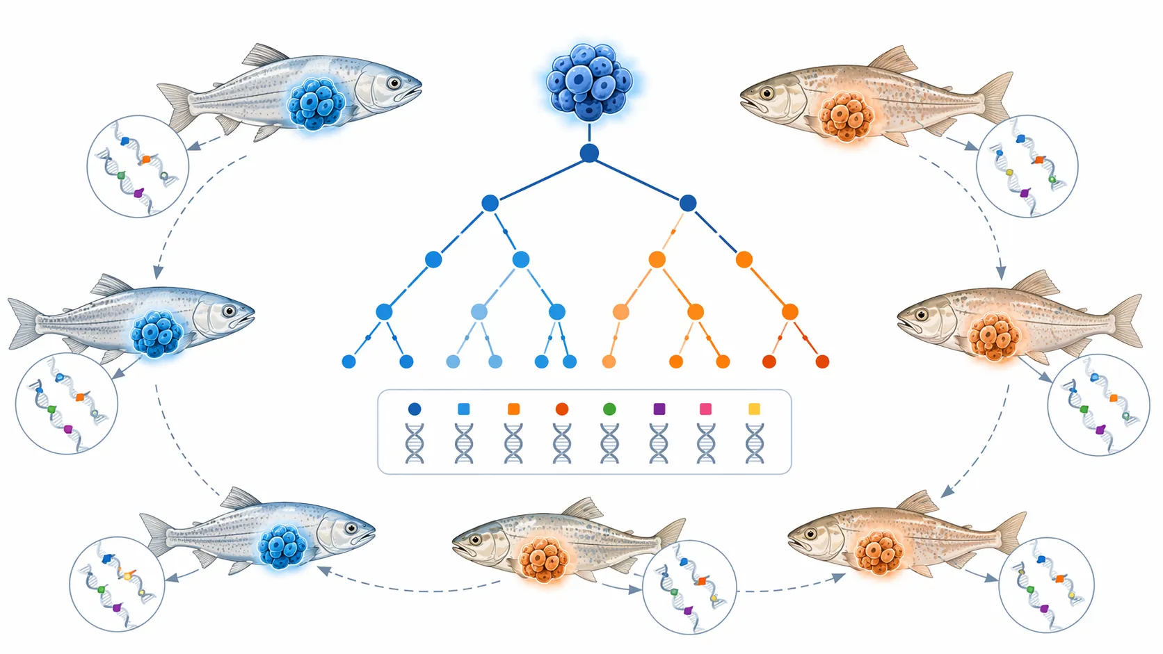 Scientific illustration of fish silhouettes connected by shared mutation markers and a branching tumor lineage
