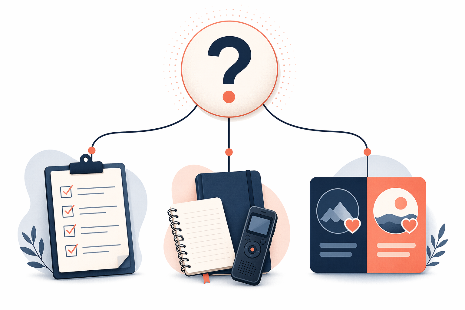 Three research pathways branching from one question: survey, interview, and experiment