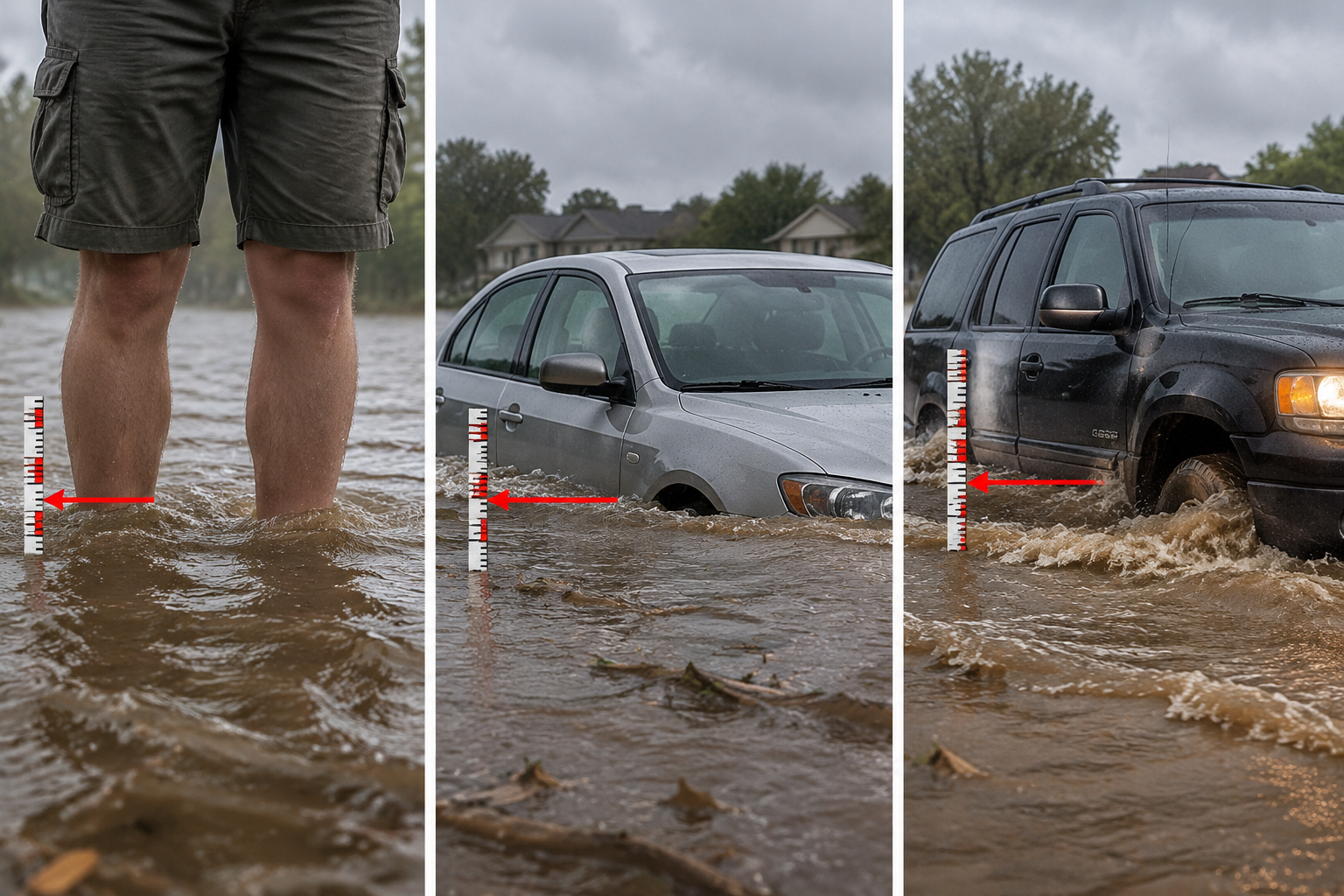 Three flood scenes showing six inches around an adult, twelve inches around a sedan, and twenty-four inches against an SUV.