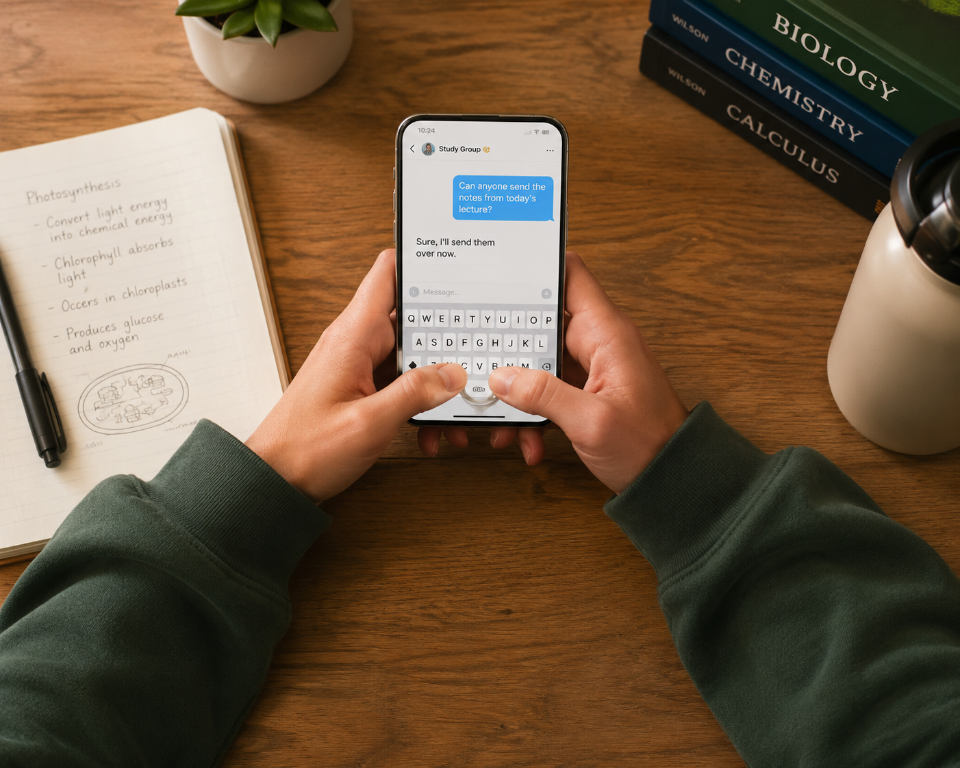 Student typing on a smartphone with both forearms resting on a desk