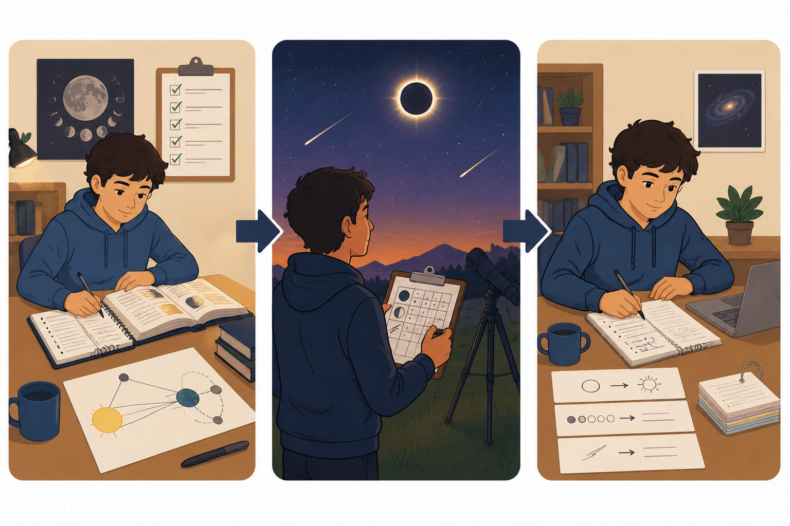 Three-part study workflow showing preparation, outdoor observation, and post-event note review