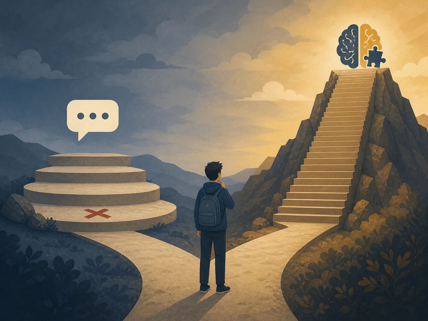 A student stands at a fork between shallow AI chat steps and a steeper staircase leading to analytical reasoning.