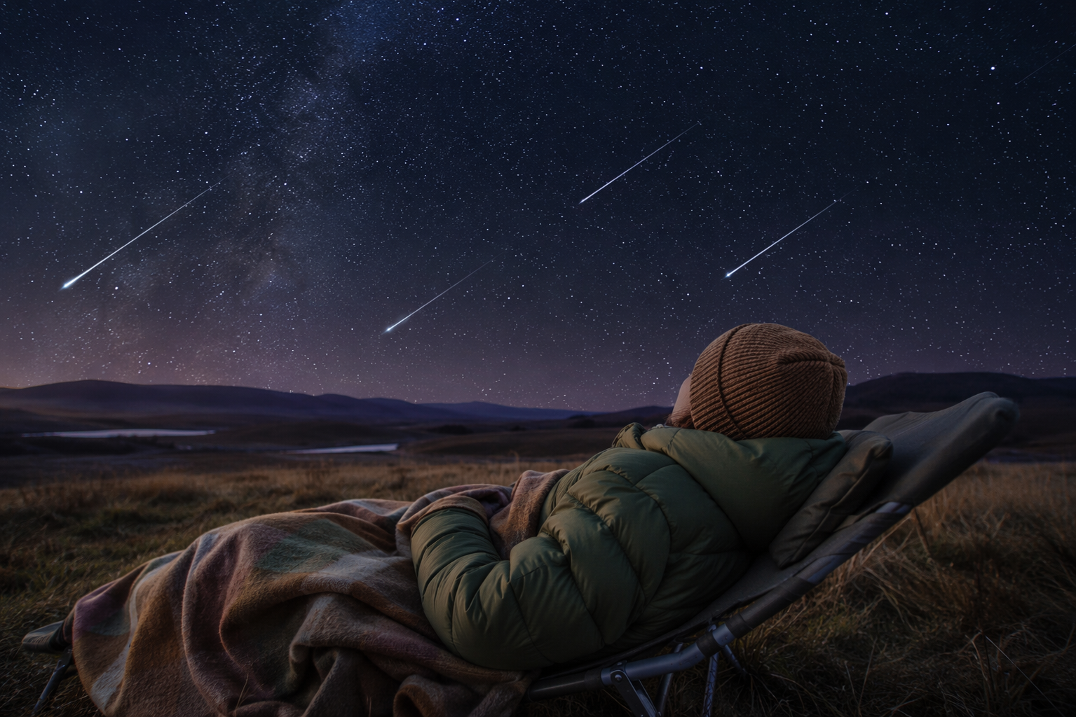 Person in warm layers lying on a blanket under a dark moonless sky with meteor streaks