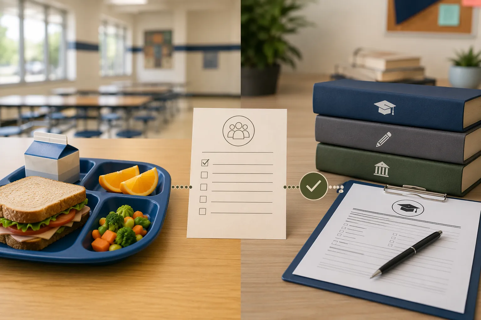 School lunch tray beside SAT and ACT test booklets and a college application form