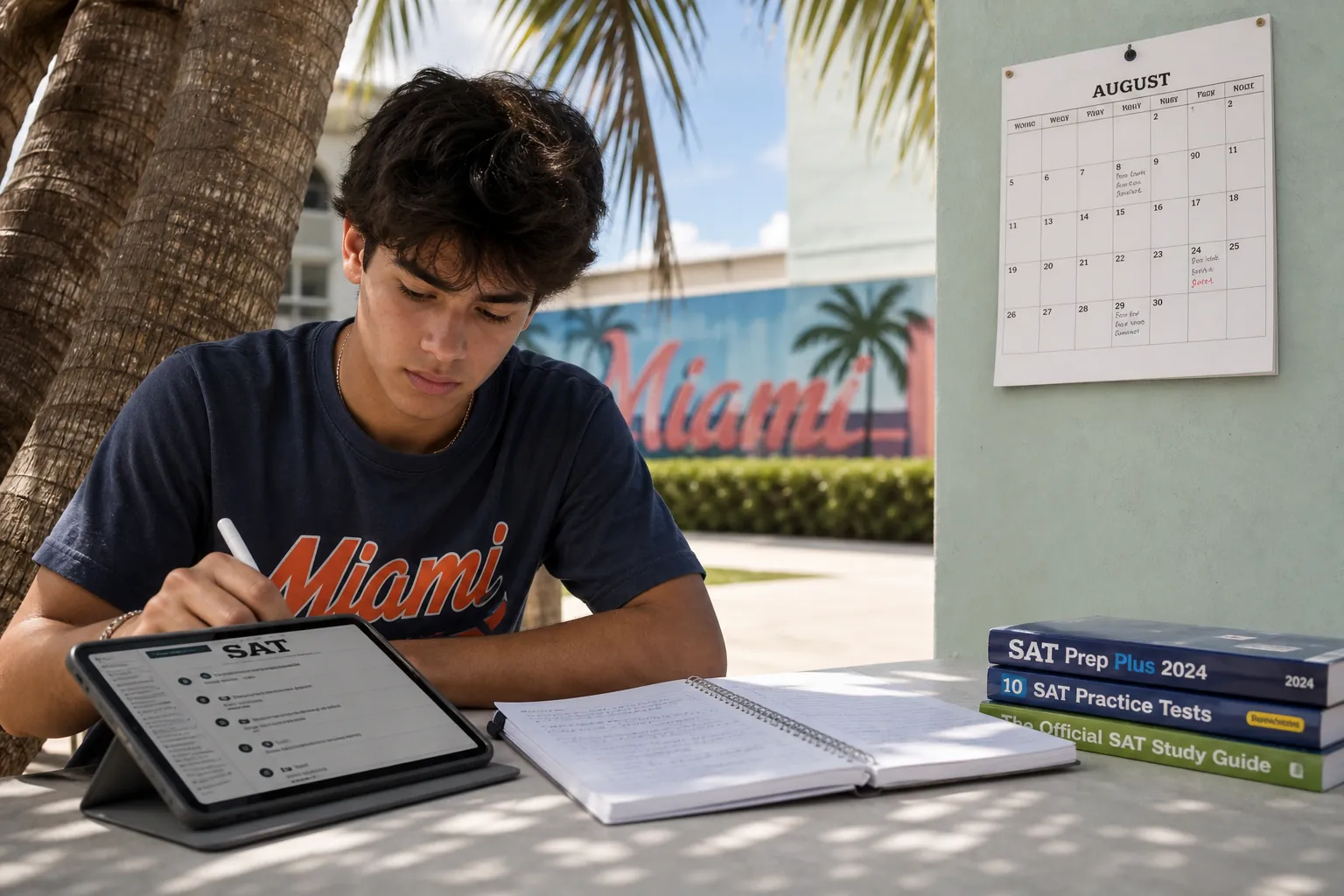 Miami high school student studying SAT prep materials outdoors with an August calendar nearby
