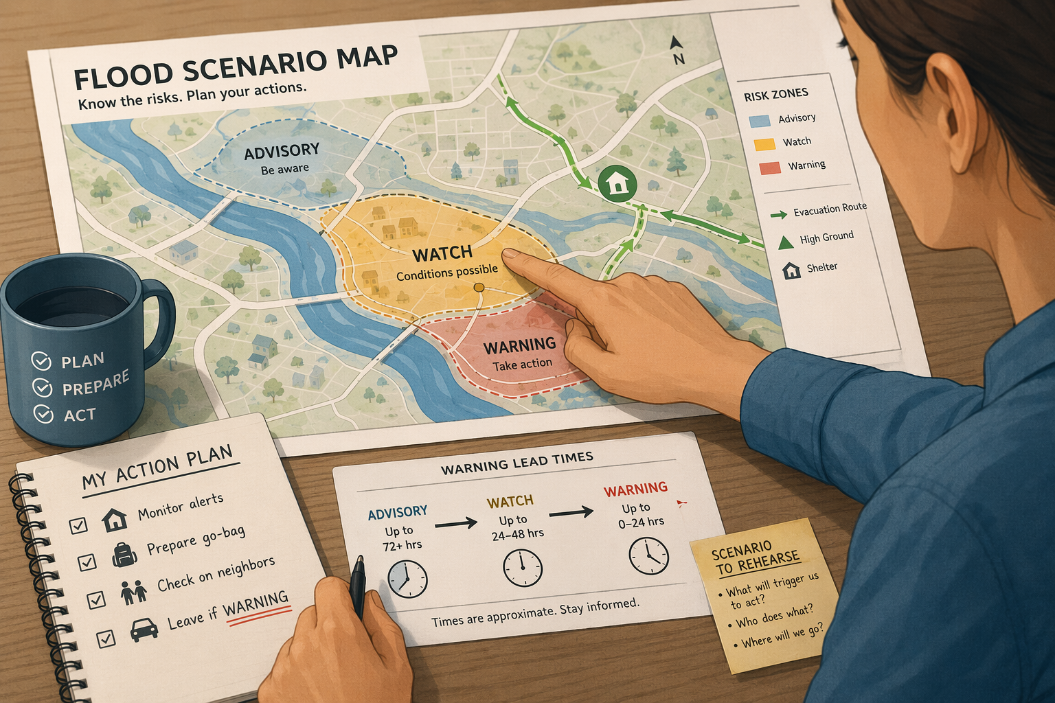 Person pointing at a simplified flood map with warning zones, watch labels, and clock icons for lead times