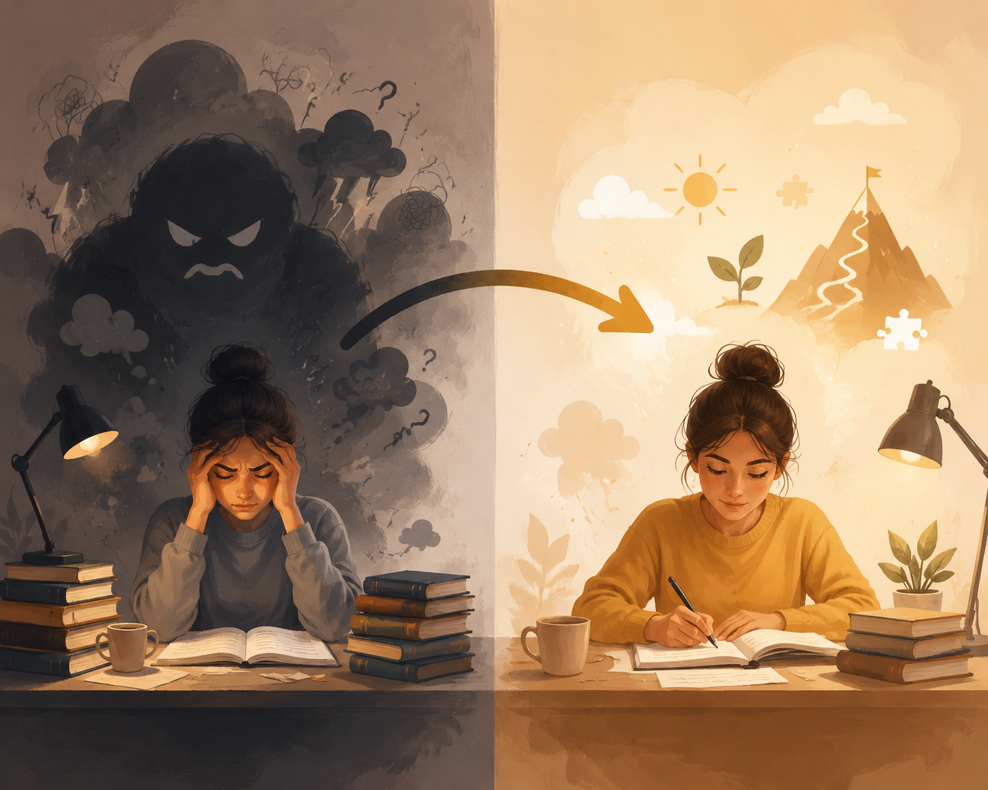 Illustration of cognitive reappraisal showing a stressed student shifting from threat to challenge