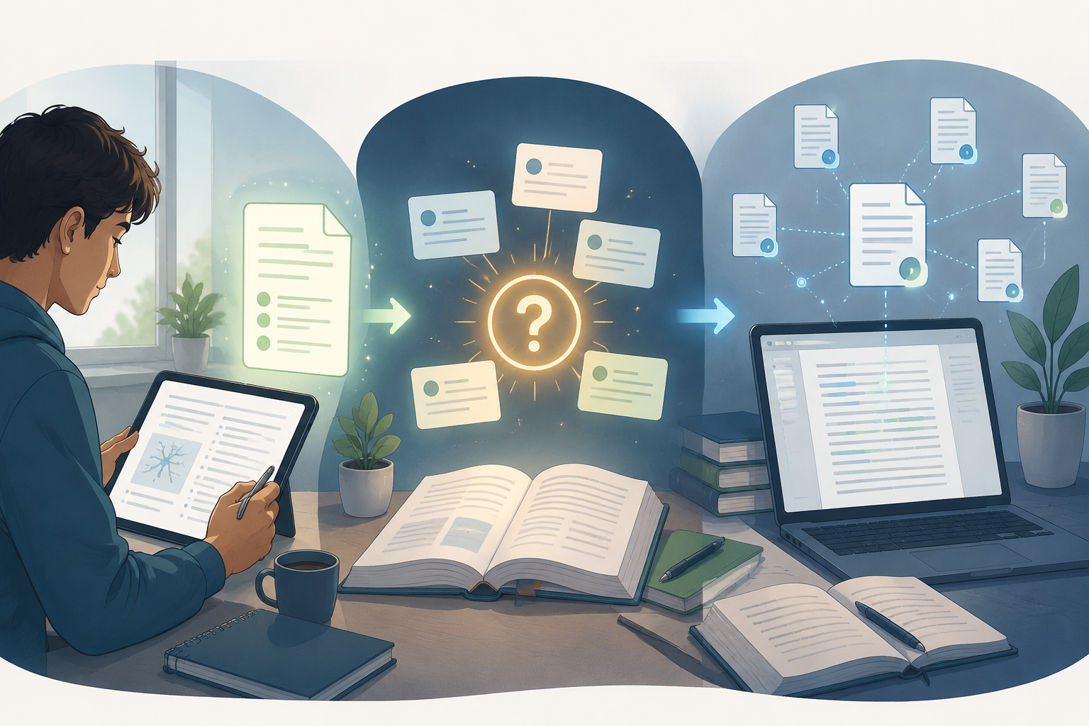 Three study phases shown as pre-class scanning, exam flashcards, and research citation work