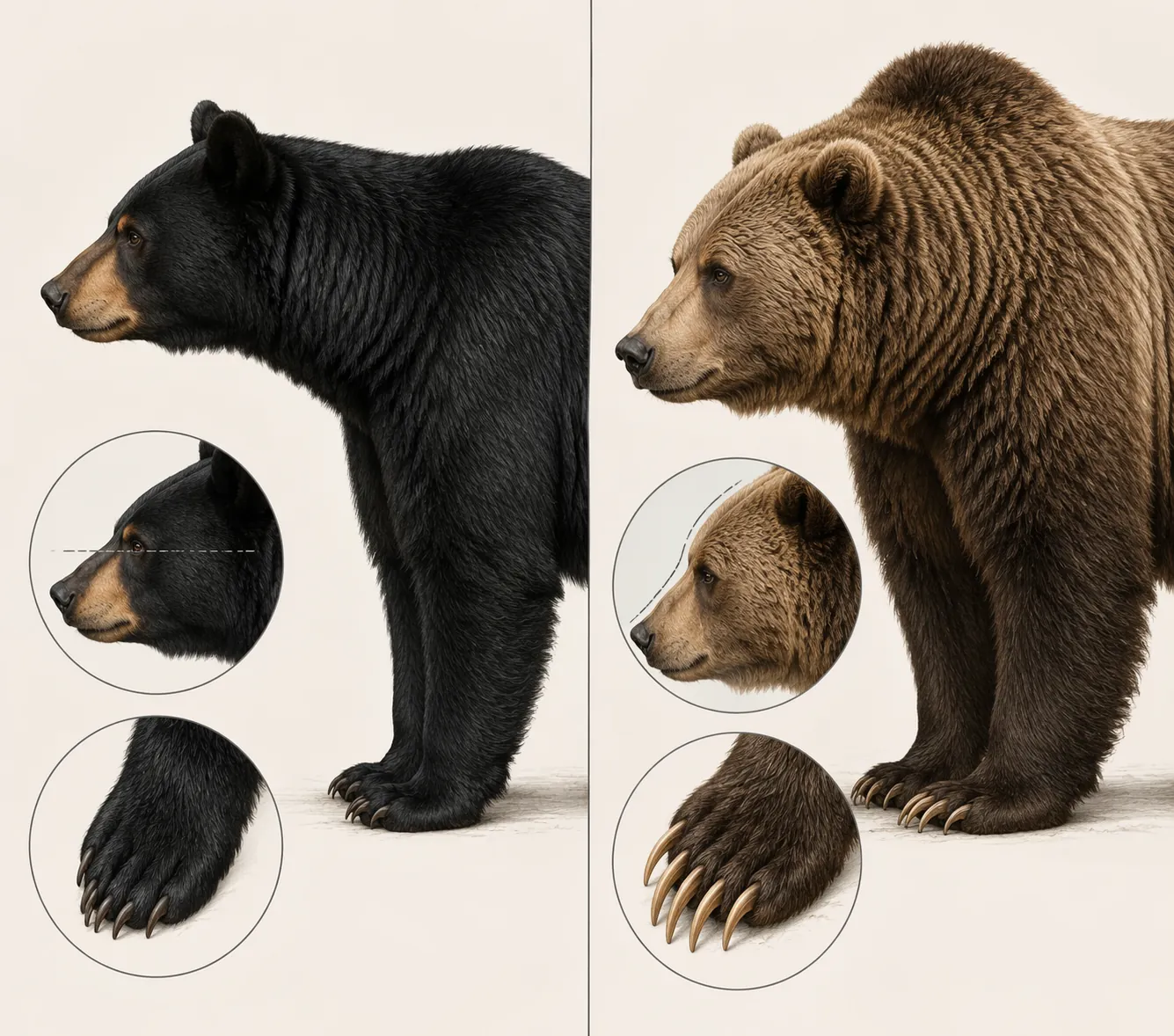 Illustration comparing black bear and grizzly bear features