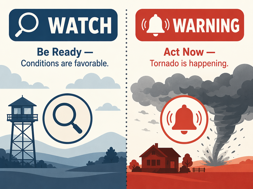A side-by-side graphic comparing tornado watch and tornado warning.