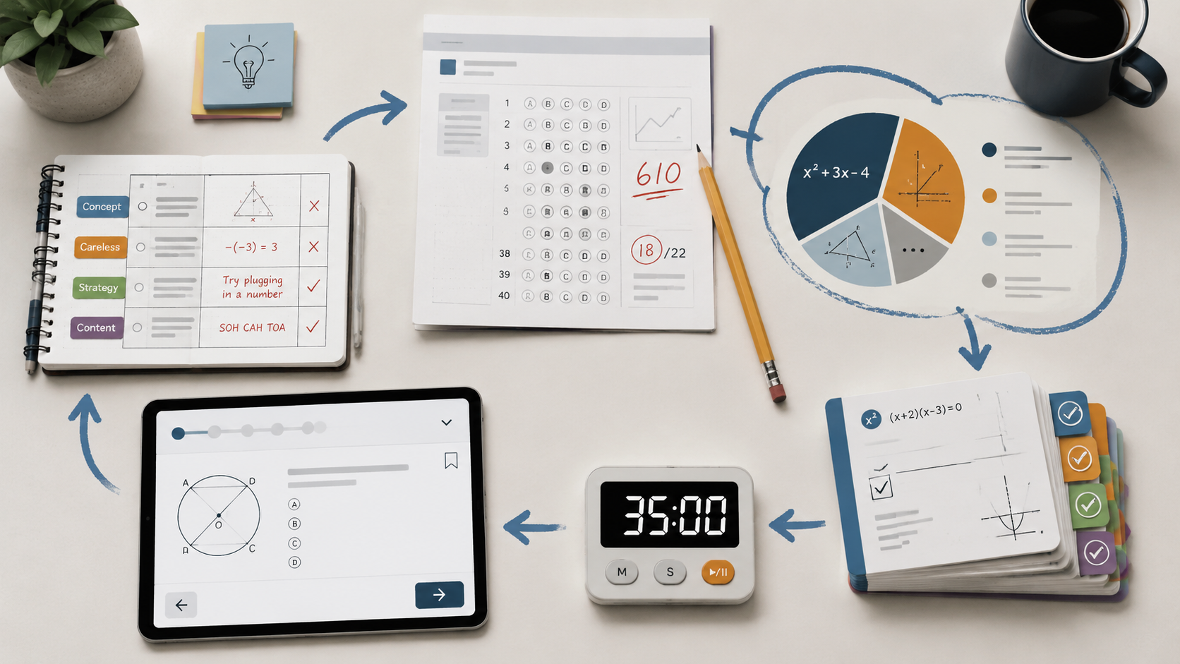 SAT Math deliberate practice cycle with a diagnostic test, domain weighting, topic drills, timed module practice, and mistake review log