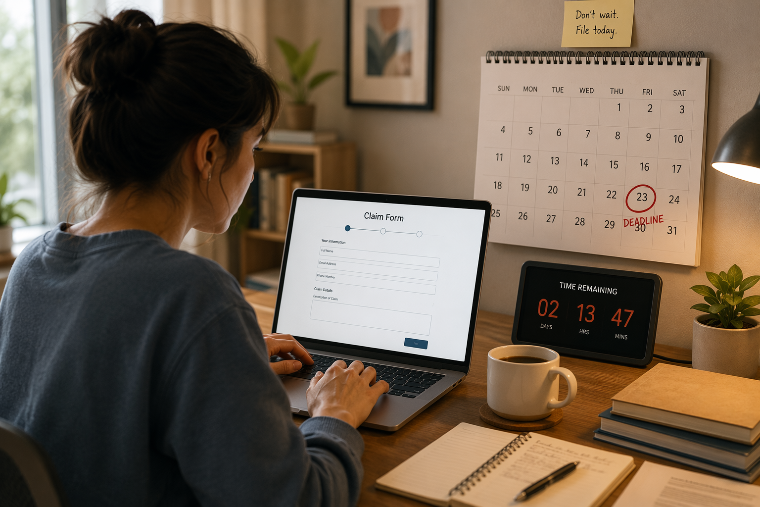 Student at a desk with a laptop open to a claim form, a highlighted calendar deadline nearby, and a coffee cup and notebook on the desk.