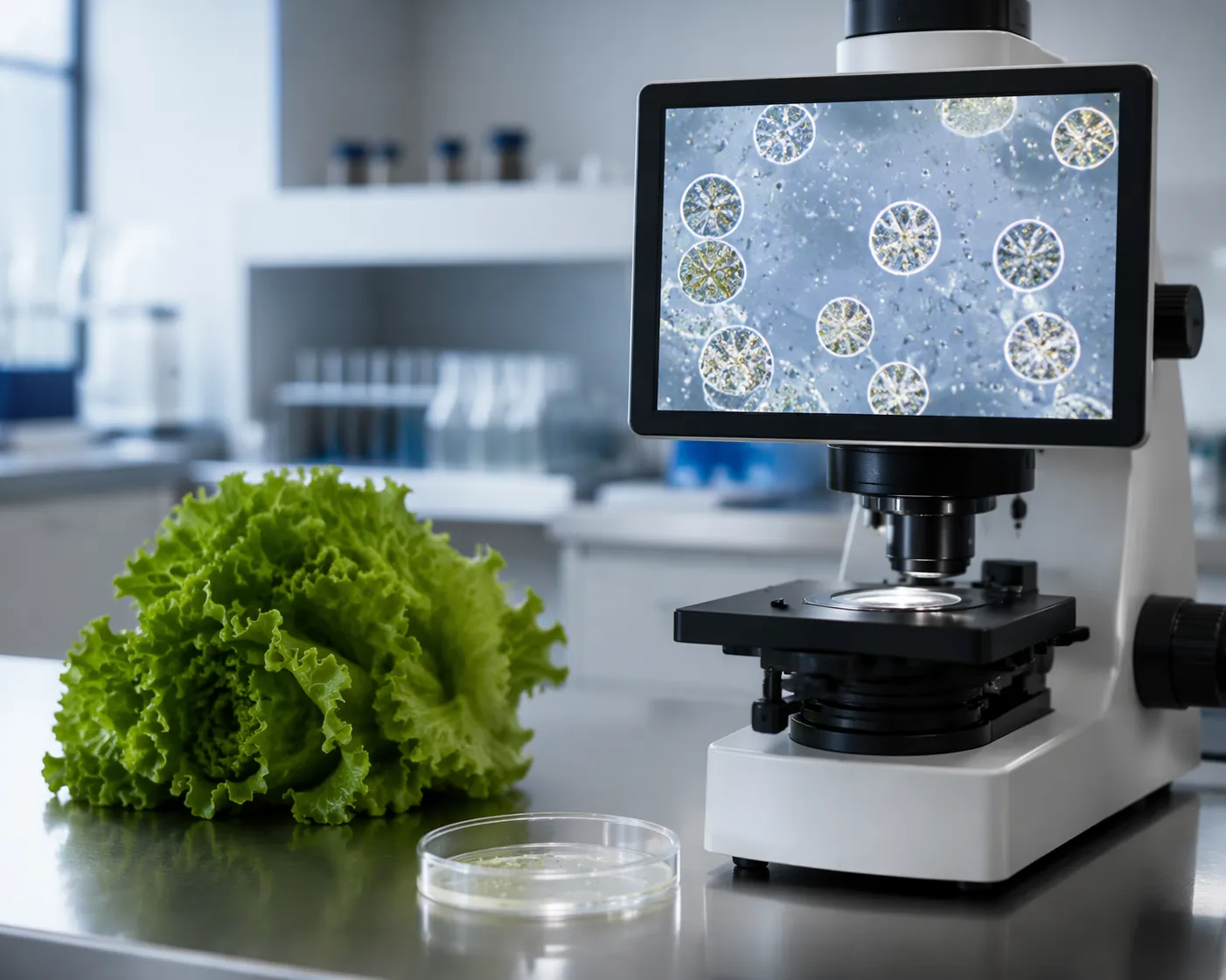 Fresh lettuce beside a microscope displaying round Cyclospora oocysts