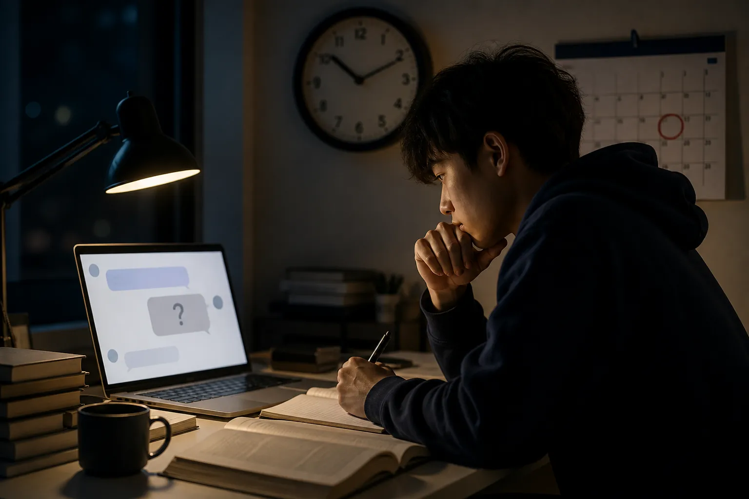 Student studying late at night with a chat window, a wall clock, and a circled exam deadline