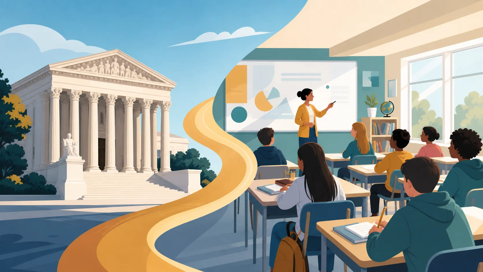 Courthouse connected to a high school classroom, showing how a school funding ruling can reach students