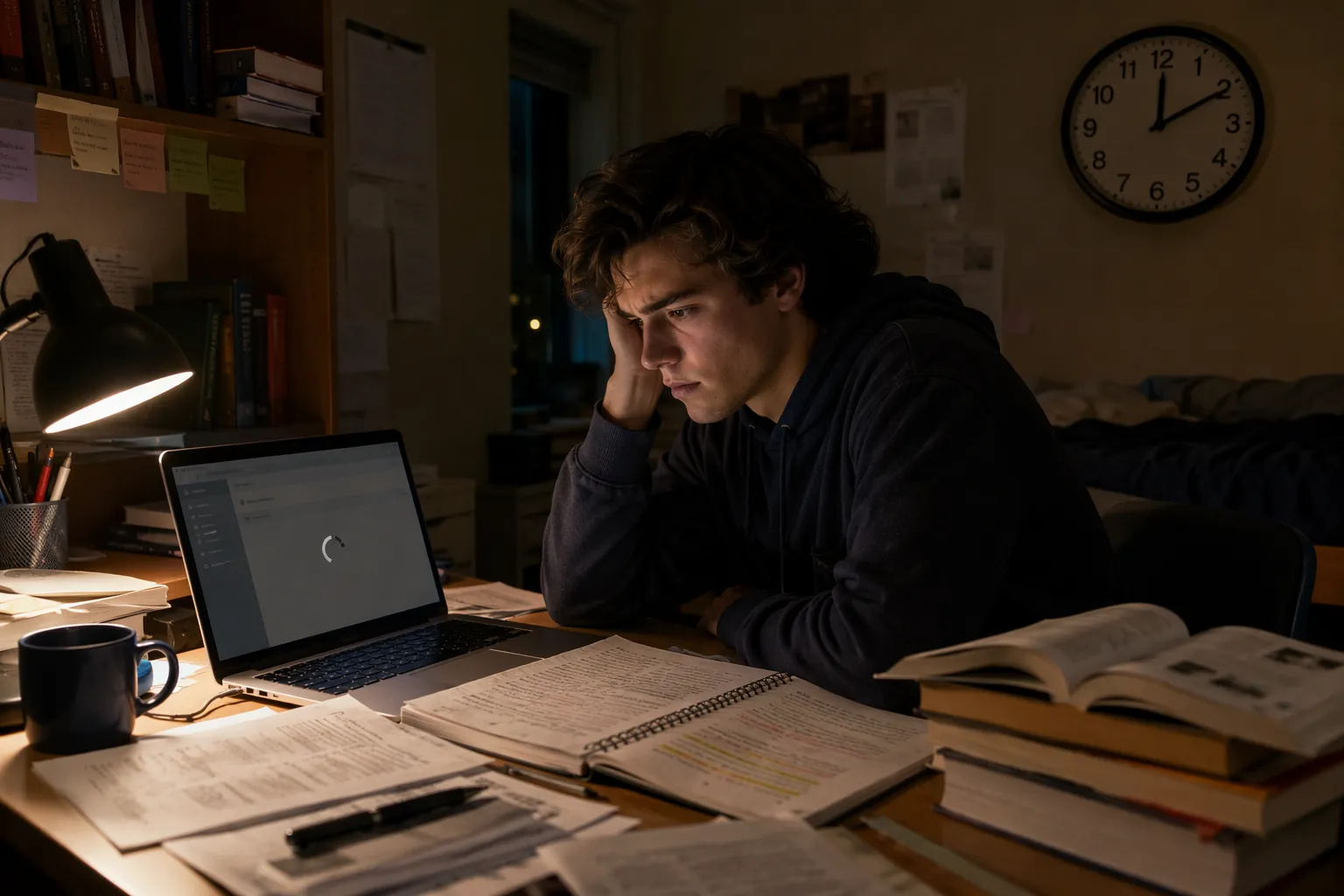 College student studying late at night while an email interface loads on a laptop
