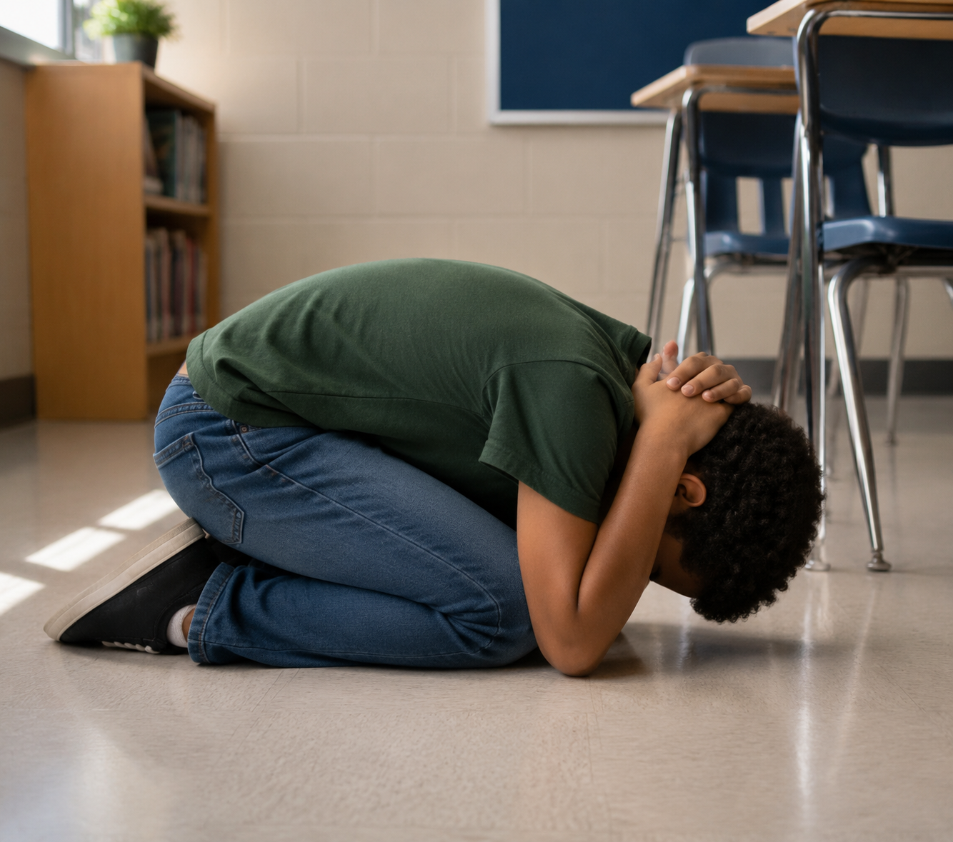 Middle school student kneeling in tornado crouch-and-cover position with hands interlocked over the back of the neck