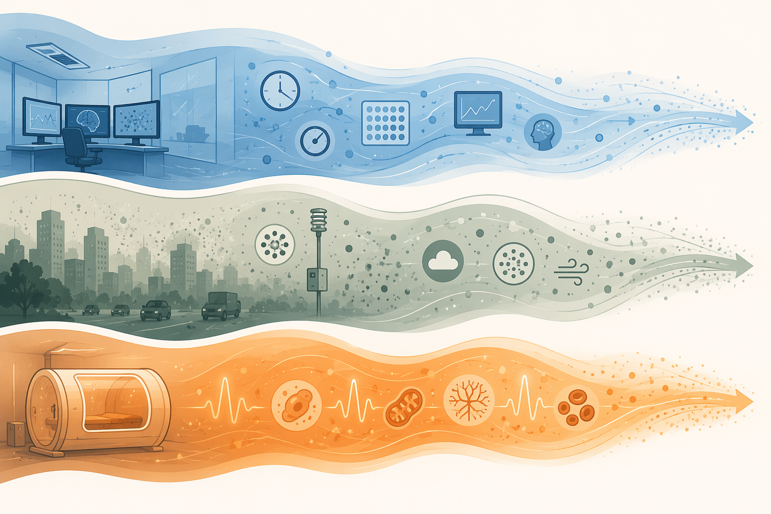Three separate research streams for indoor cognition studies, outdoor pollution research, and high-dose therapy research