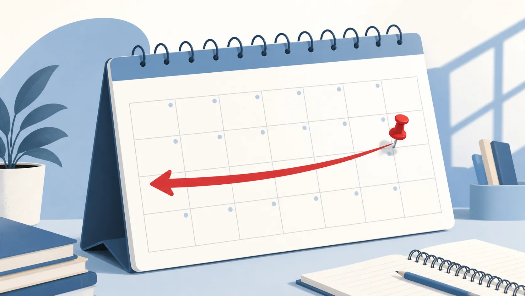 Minimal wall calendar with one pinned date and a backward planning arrow
