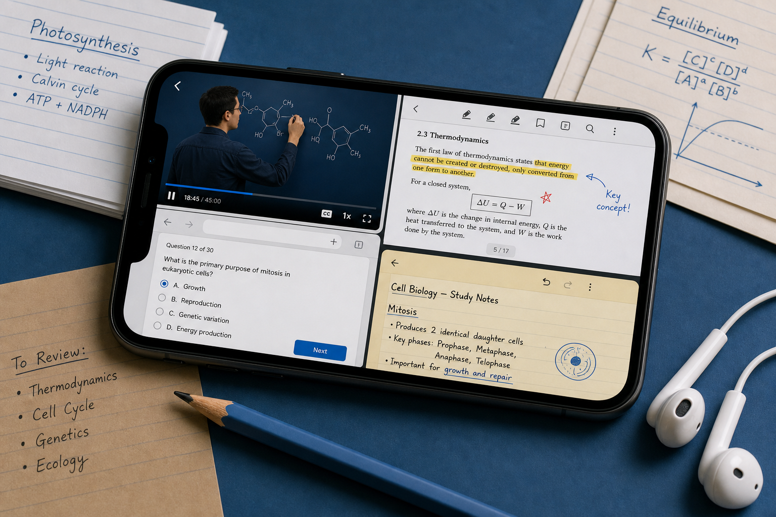 Smartphone showing overlapping study apps including a video lecture, PDF reader, browser practice test, and notes app