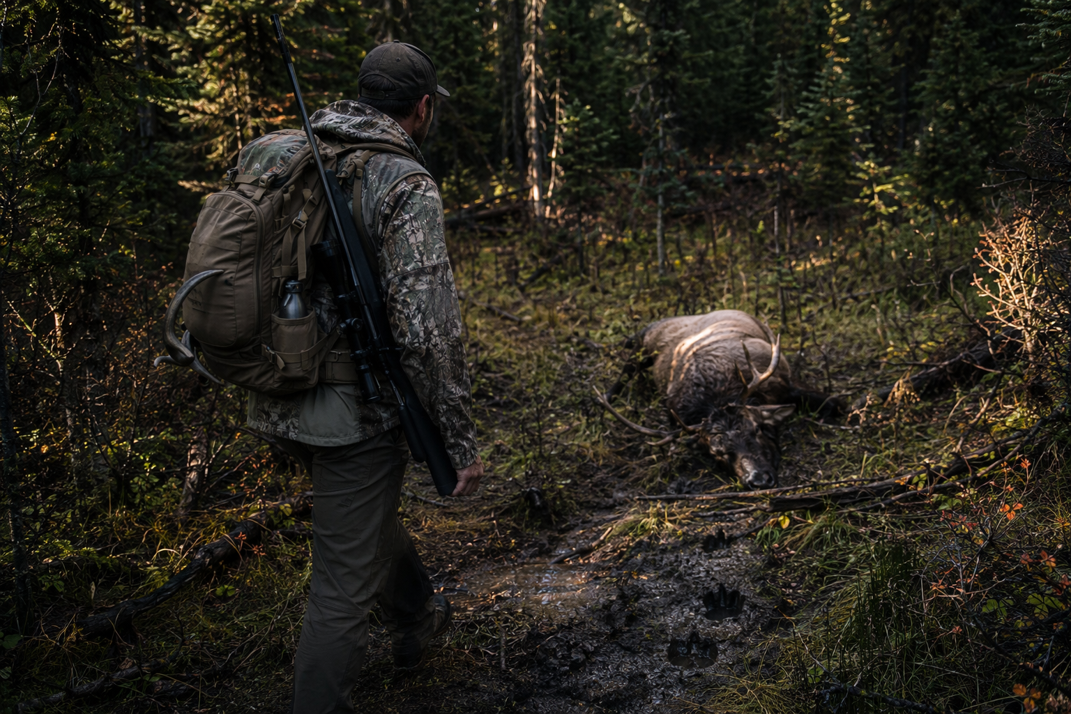 Hunter walking alone through dense timber toward a downed elk carcass with bear tracks in nearby mud and bear spray on a chest rig