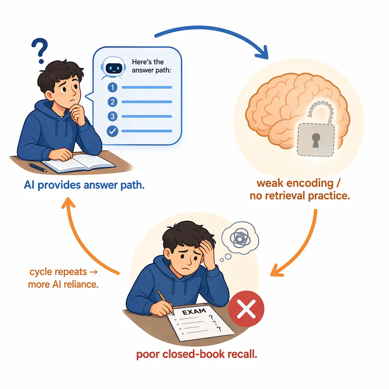 Diagram showing AI answering for the student, weak encoding, failed retrieval, and increased reliance