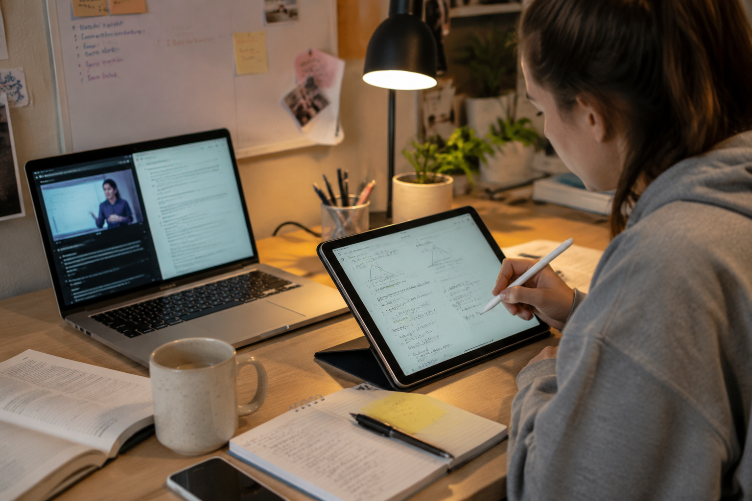 Student studying with a MacBook and iPad at a warm desk