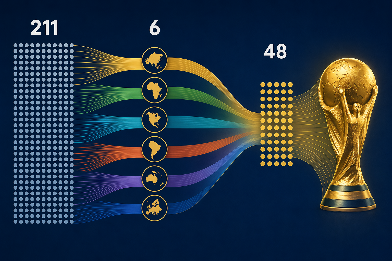 Qualification funnel from 211 national teams through six confederations to 48 World Cup teams