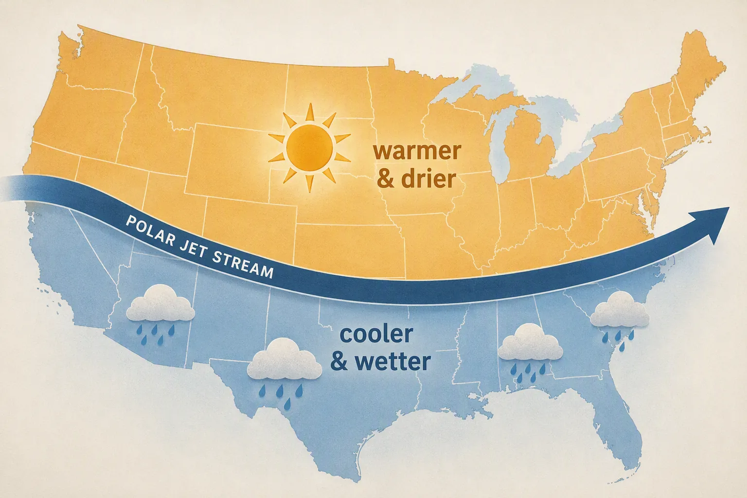 Map of El Niño winter impacts in the United States showing cooler and wetter southern states and warmer and drier northern states