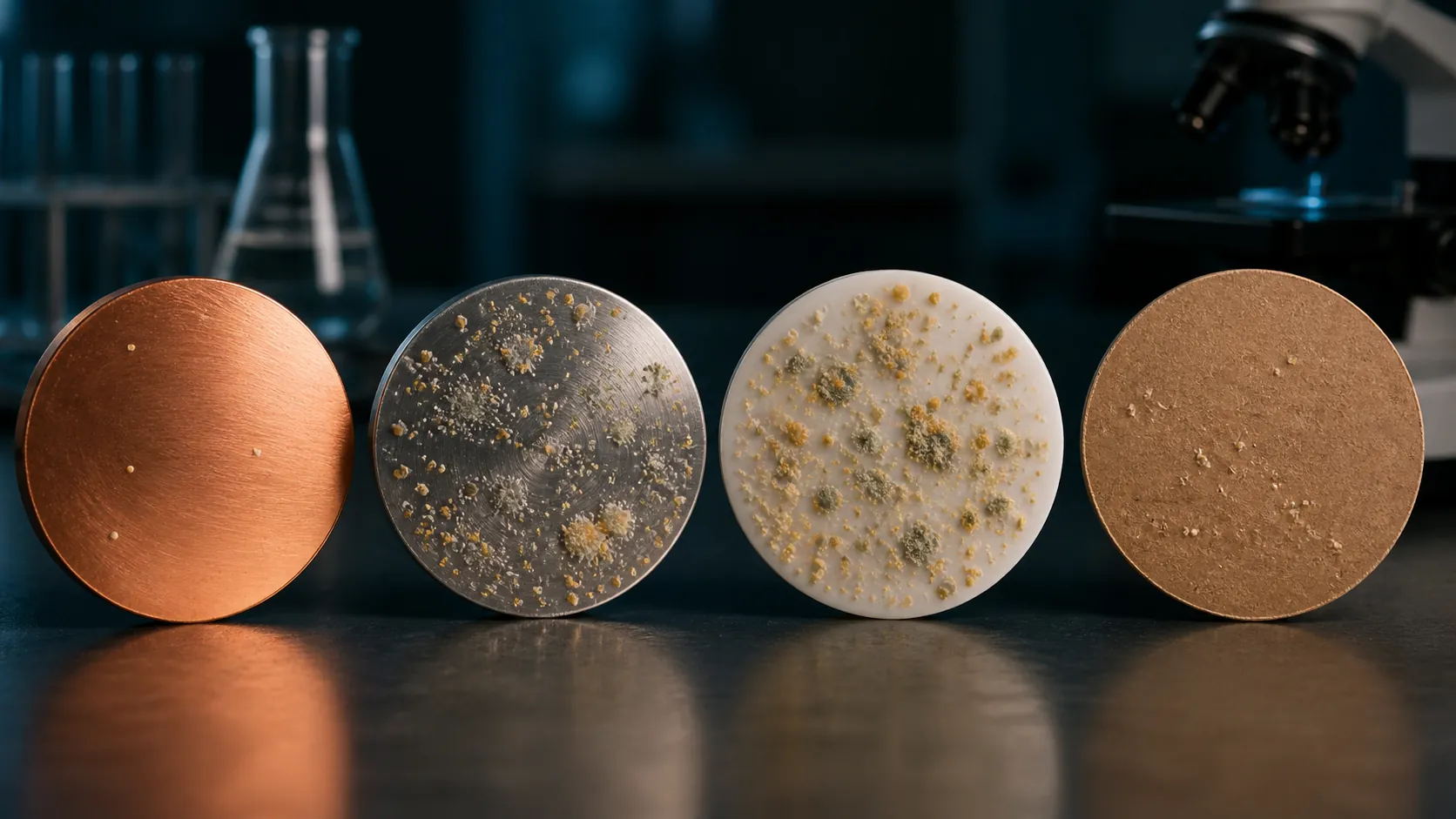 Lab bench comparison of copper, stainless steel, plastic, and cardboard discs with different microbial densities