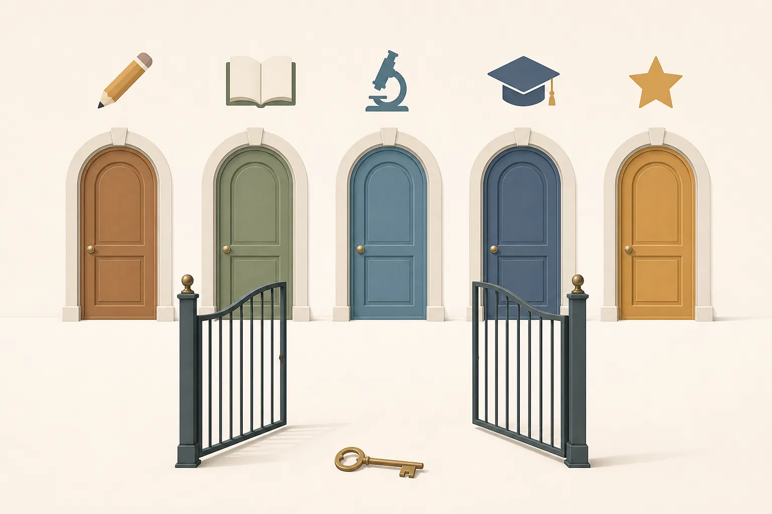 Five arched doors with study-related icons and a key on the floor, suggesting multiple free prep entry points