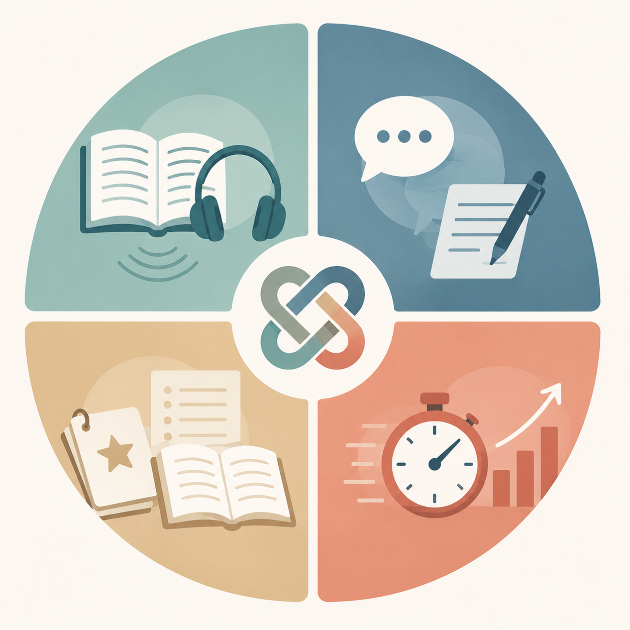 Circular diagram showing Paul Nation's Four Strands framework with input, output, language-focused learning, and fluency development