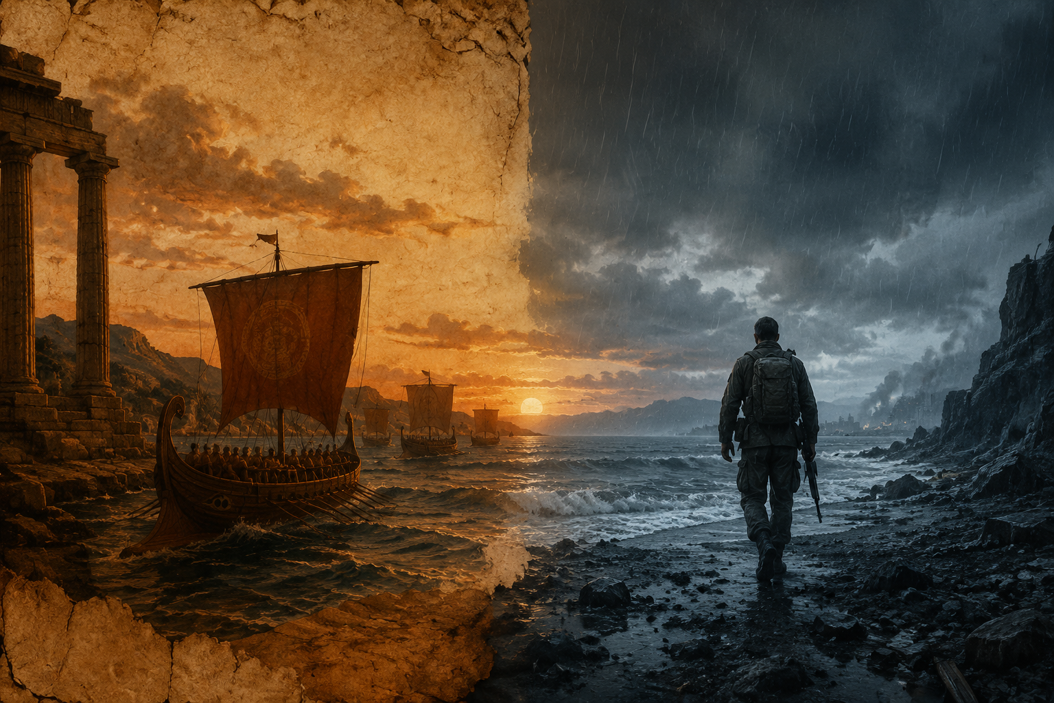 Split illustration contrasting an ancient Mediterranean Odyssey scene with a modern stormy cinematic shoreline