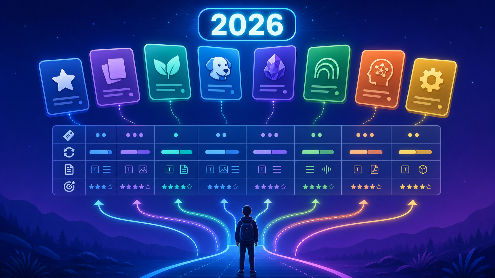 A 2026 comparison infographic showing floating flashcard icons for Anki, Quizlet, Knowt, StudyFetch, RemNote, NotebookLM, Brainscape, and Gizmo connected by neon lines to a feature matrix table.