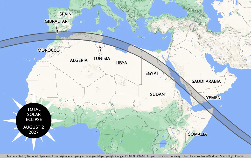 Map of the August 2, 2027 total solar eclipse path crossing the Atlantic, North Africa, Egypt, the Arabian Peninsula, and nearby regions