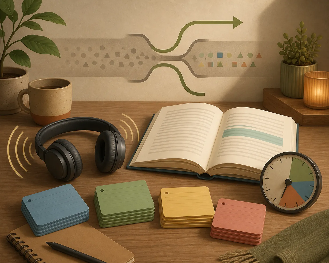Headphones beside an open highlighted book, color-coded flashcards, segmented clock, and a visual route around a bottleneck
