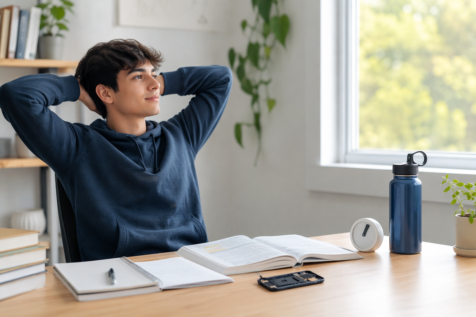 Student taking a study break while a phone with its case removed rests on the desk