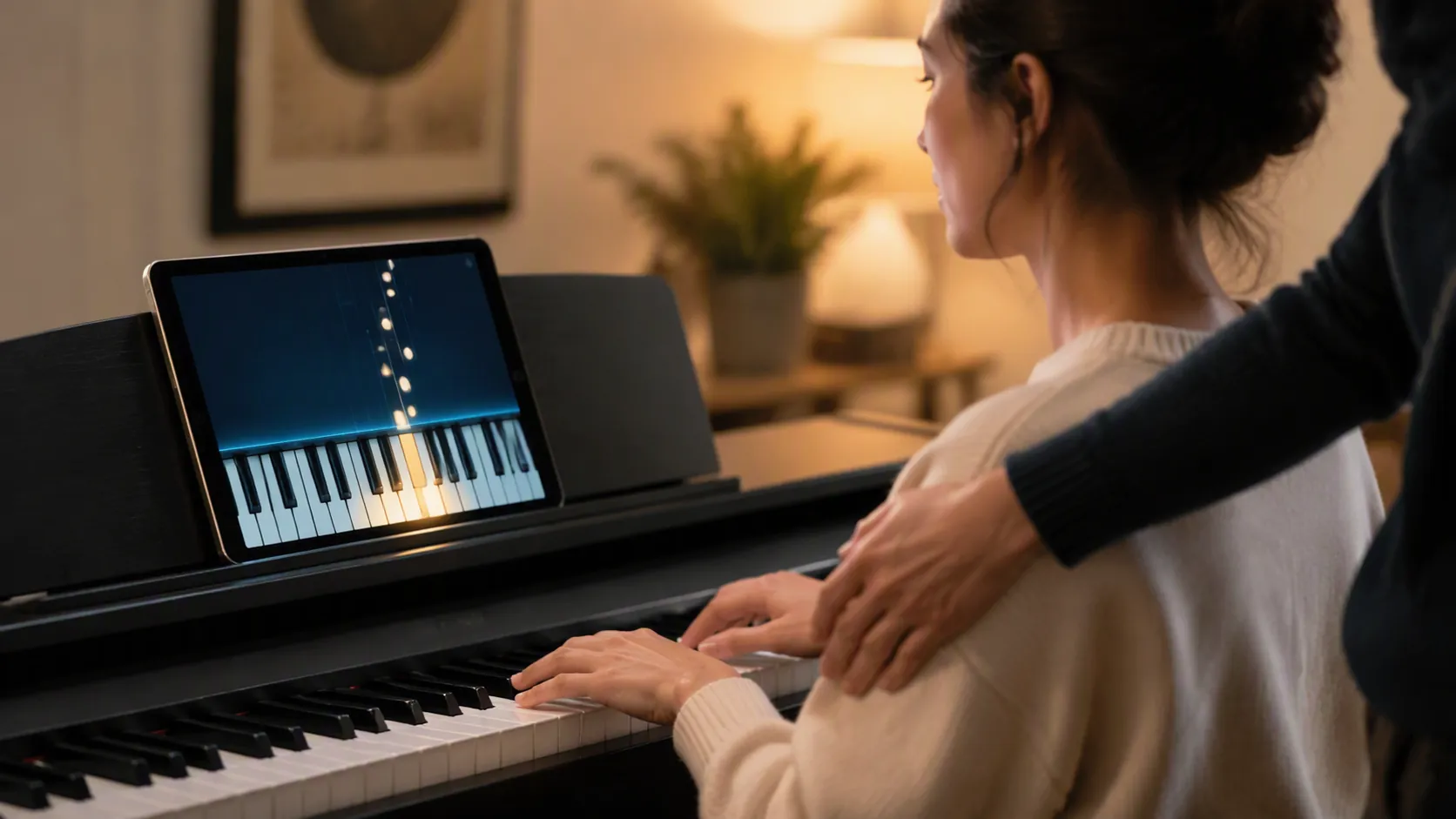 Adult learner practicing at a digital piano while a tablet tracks notes and a person guides the learner’s wrist