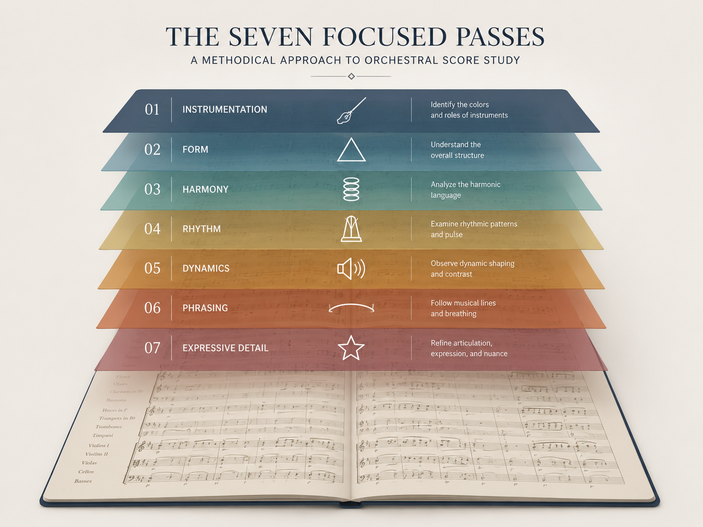 Open orchestral score with seven colored overlay passes representing focused study dimensions