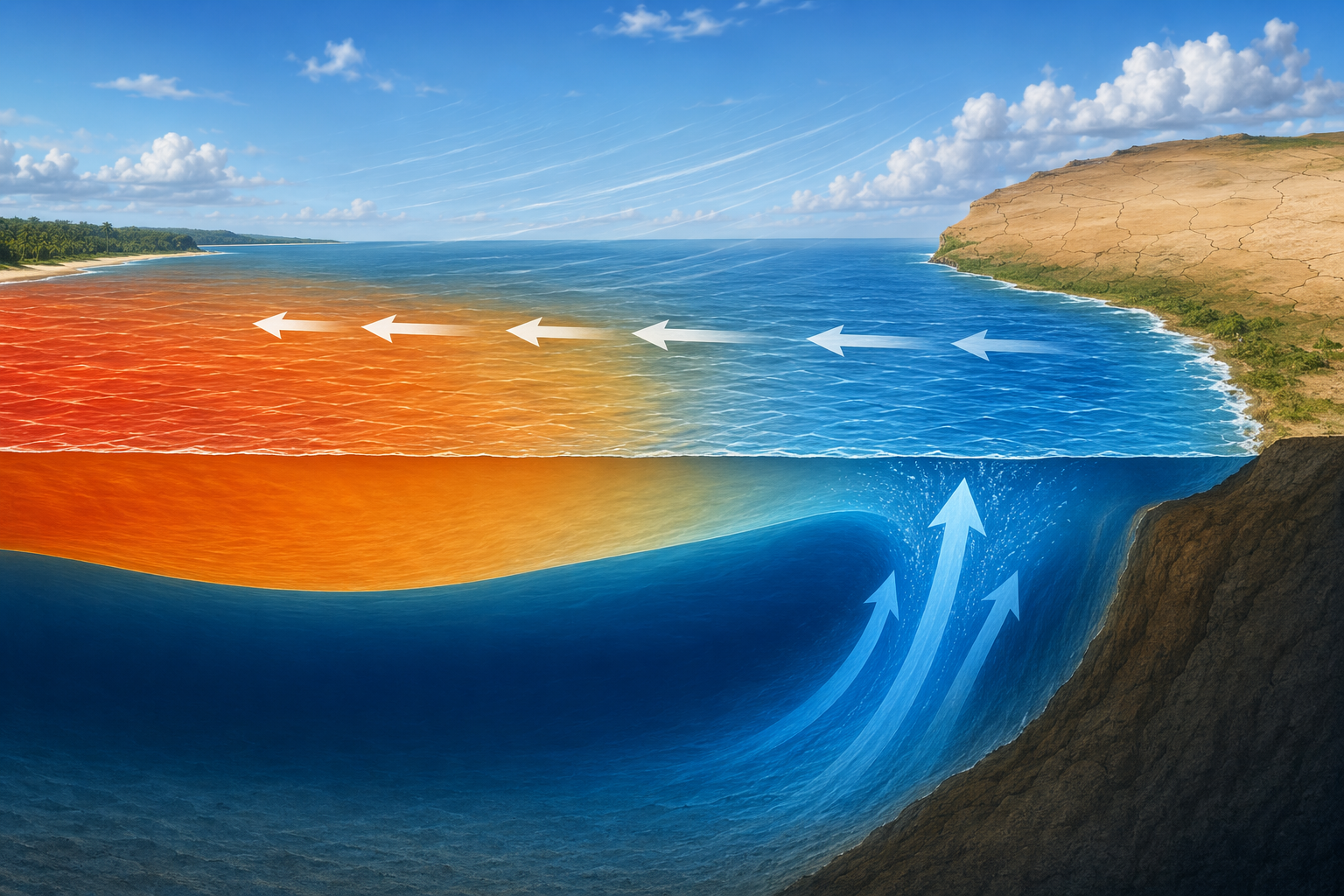 Cross-section illustration of trade winds pushing warm surface water westward while cool water upwells near West Africa